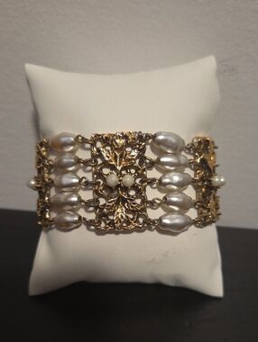 Signed Celebrity NY - Gold-Tone Wide Panel Pearl Cluster Bracelet